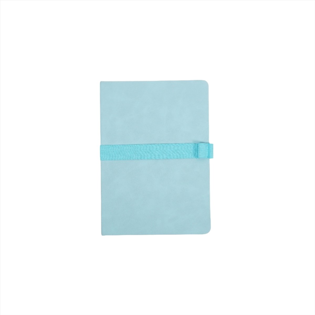A5 notebook with light green PU plastic cover and teal wrap strap, closed.