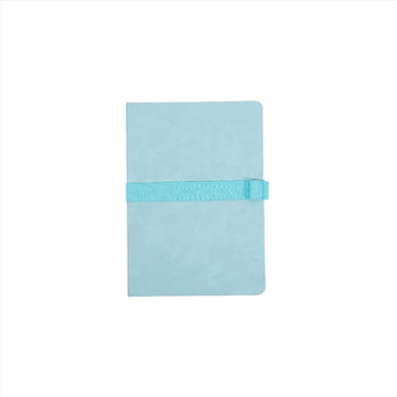 A5 notebook with light green PU plastic cover and teal wrap strap, closed.