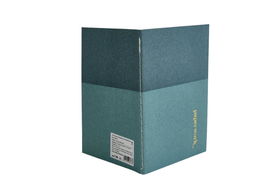 A6 teal lined notebook, fabric-textured cover with logo on front