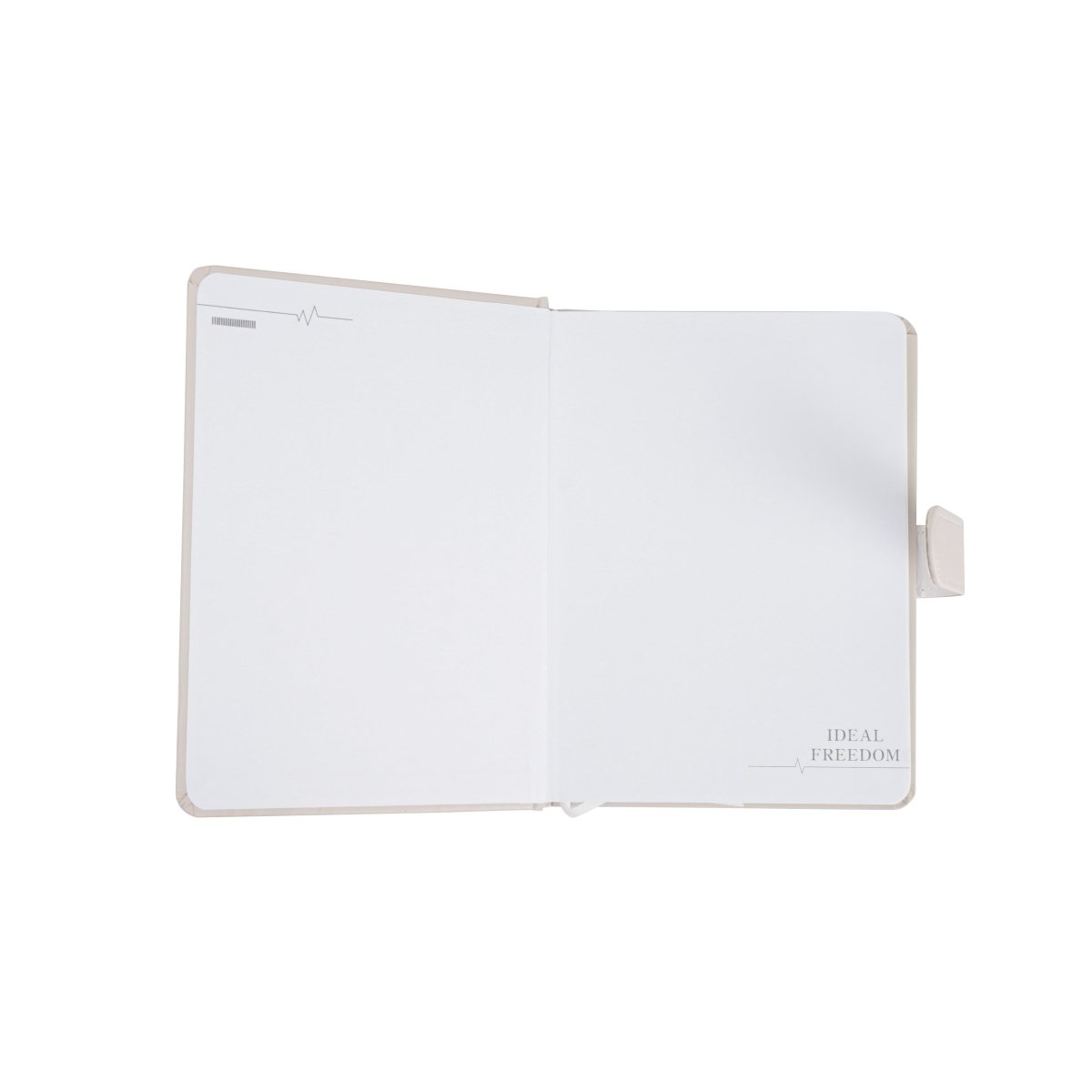 Pastel paper notebook, open pages with side magnetic buckle tab and minimal text