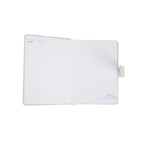 Pastel paper notebook, open pages with side magnetic buckle tab and minimal text