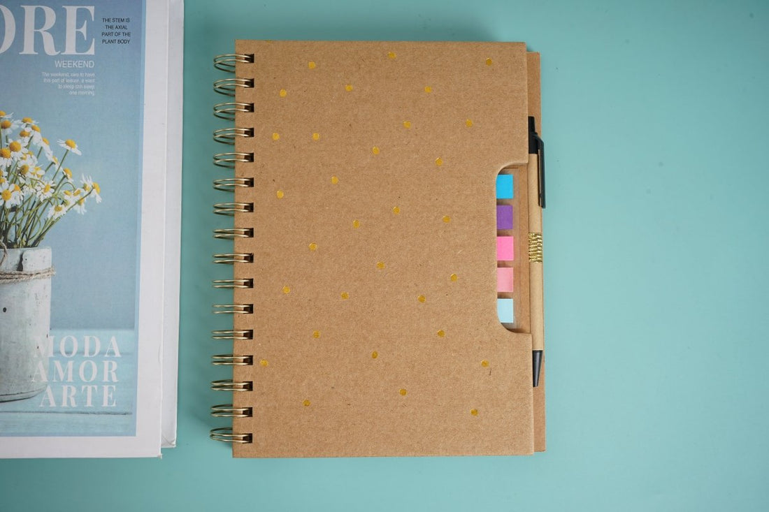 Kraft brown notebook, gold polka dot coil, with pen and multicolor tabs