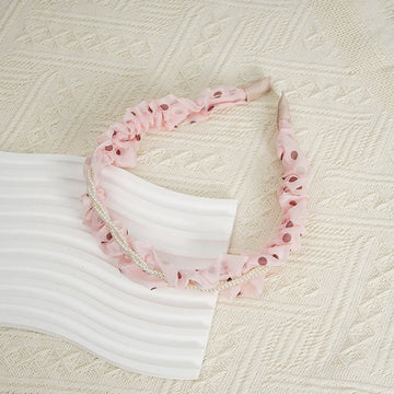 Polka dot mesh headband with pearl trim, pink ruffled edge