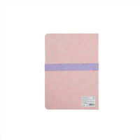 A5 PU notebook, pink cover with purple band and barcode label, front