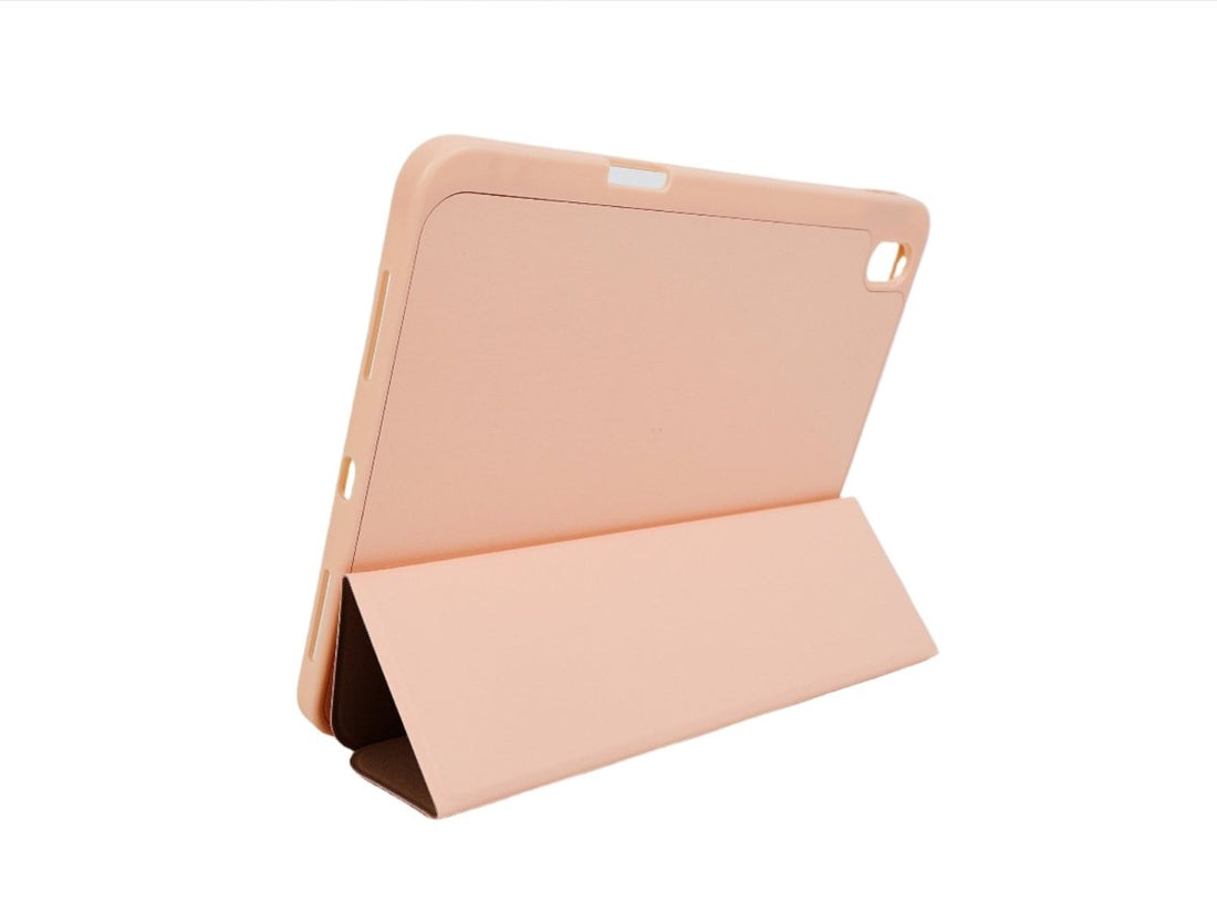 Pink tablet case with flip cover and corner camera cutout