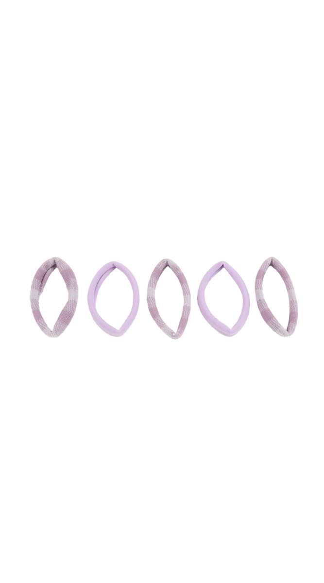 Lavender hair ties, five elastic loops arranged separately