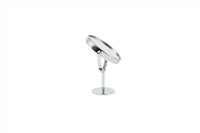 Round makeup mirror with angled head, chrome stand, and round pedestal base, side view.