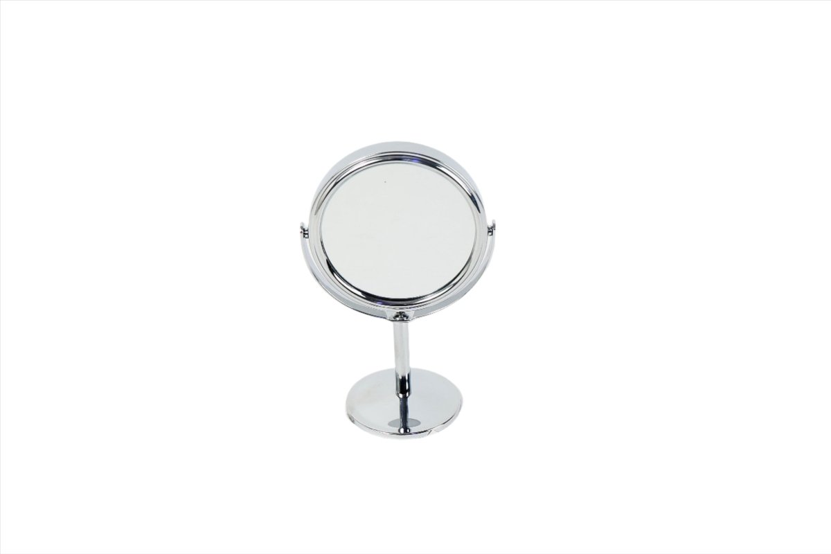 Round makeup mirror with circular glass and chrome border, standing on a round base.