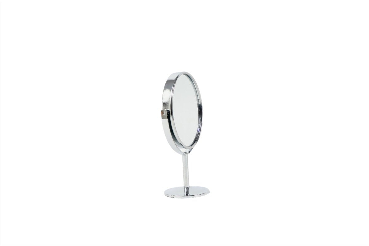 Round makeup mirror with circular frame, chrome stem, and round pedestal base, side view.