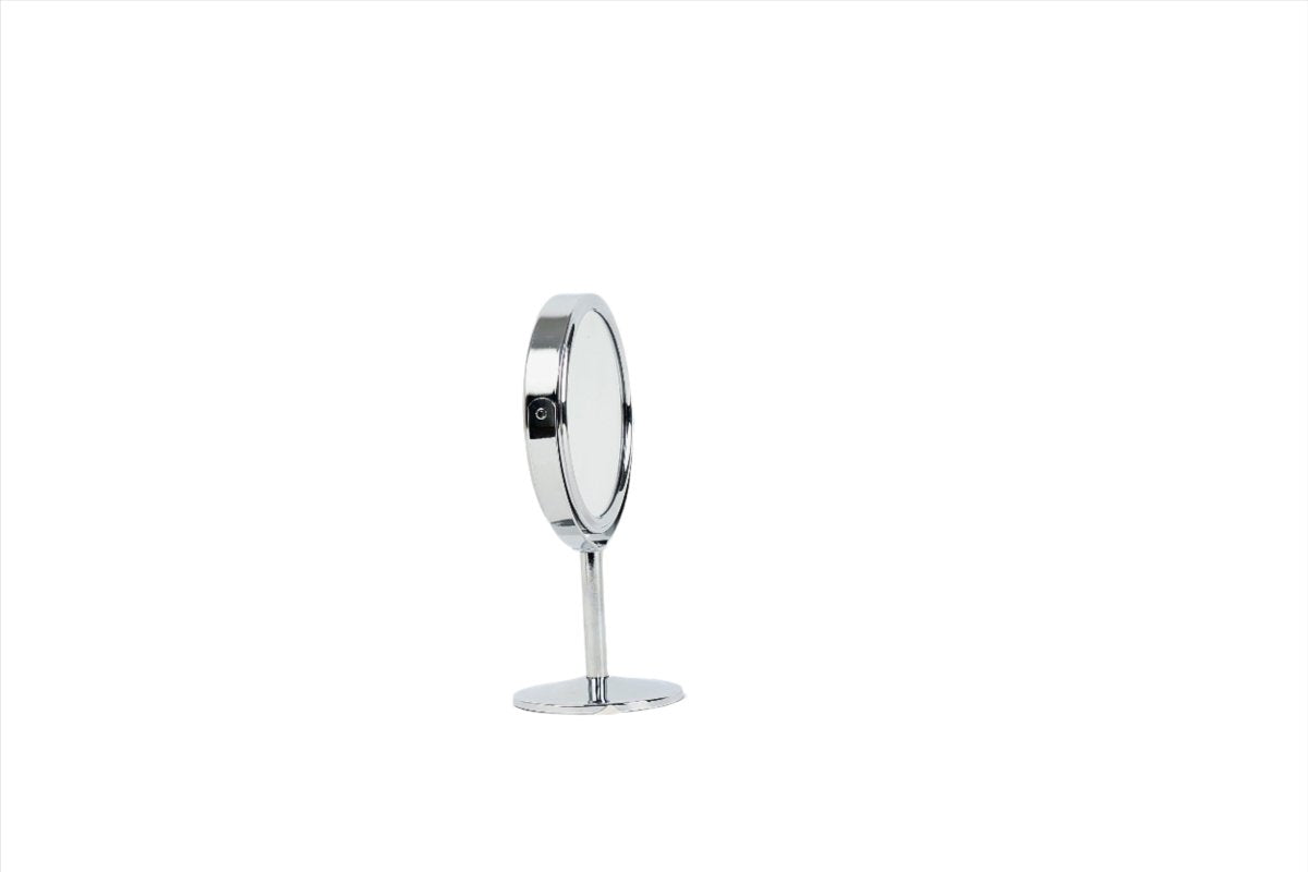 Round makeup mirror with chrome circular frame and pedestal base, angled profile view.
