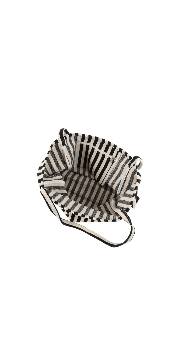 Striped canvas tote bag with top handles, black-and-white vertical stripes