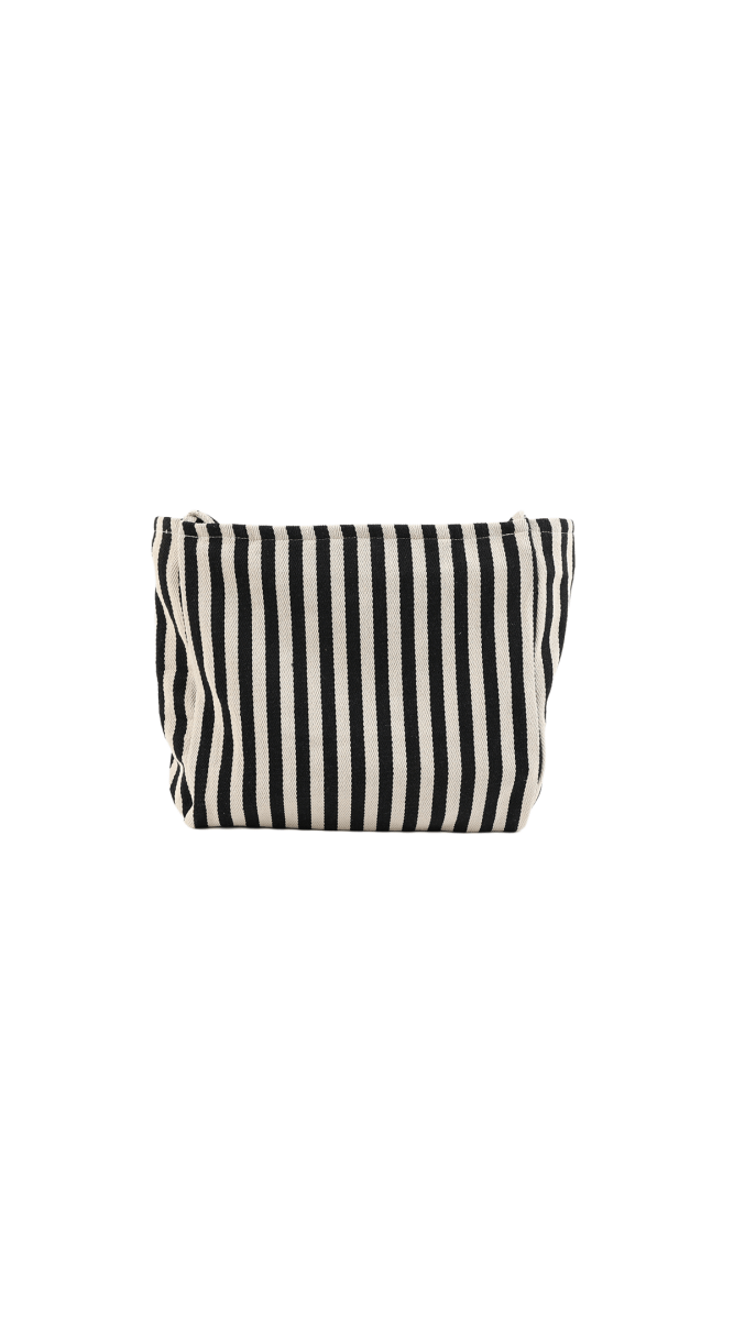 Striped canvas tote bag with open top, black-and-white vertical stripes