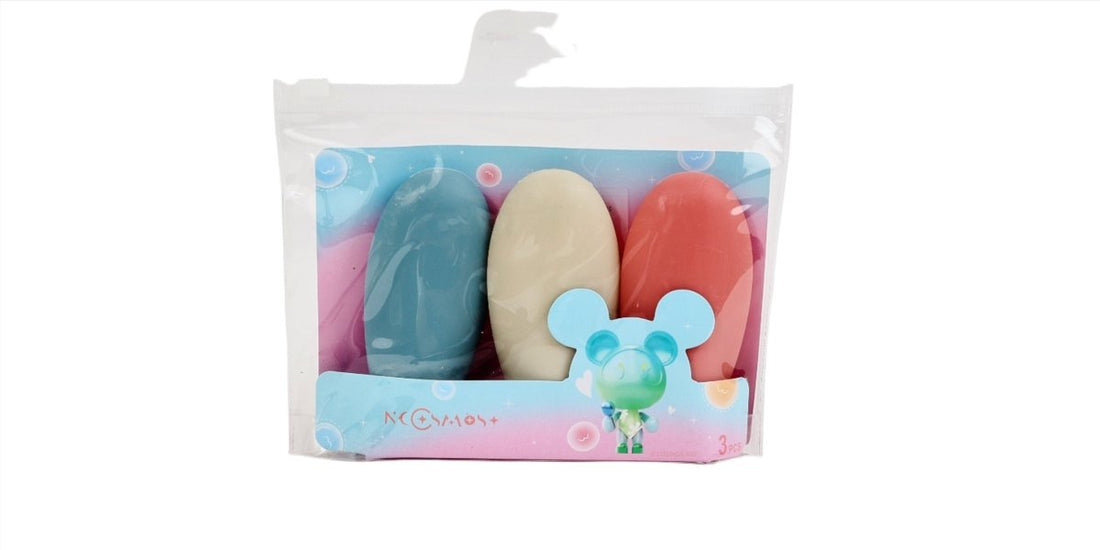 Set of 3 travel bottles in a clear pouch: teal, cream, and coral bottles.