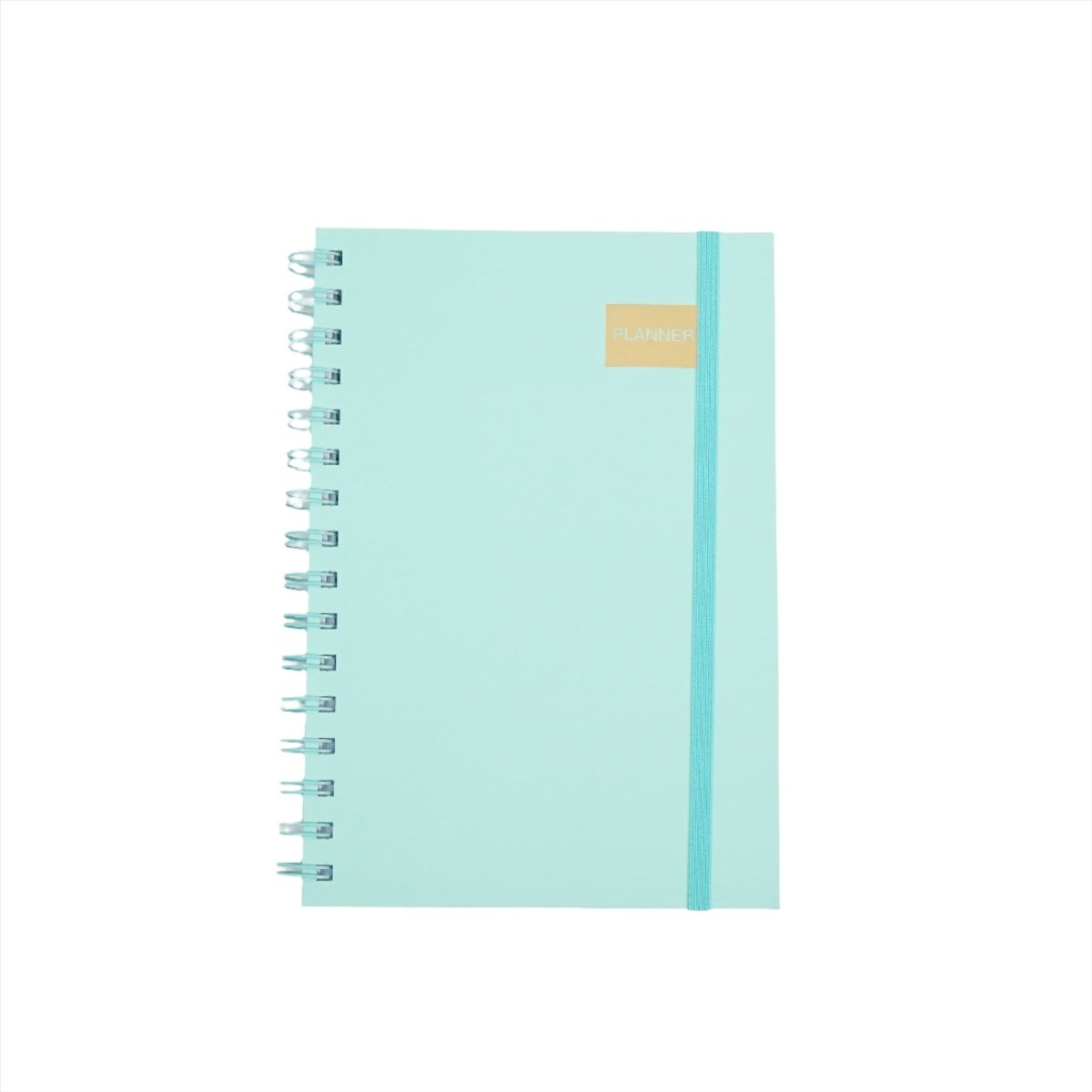 A5 daily planner notebook front: light turquoise cover with spiral rings and gold label