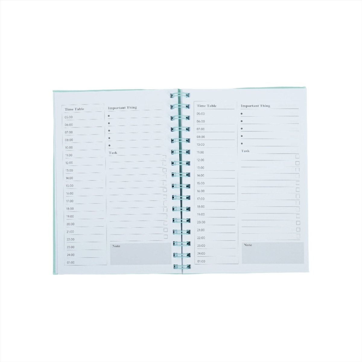 A5 daily planner notebook open to printed schedule with turquoise coil spiral binding
