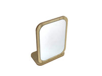 Freestanding wooden desk mirror with angled glass panel and flat base.
