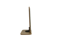 Wooden desk mirror back view with vertical frame and weighted base.