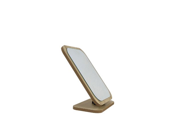 Wooden desk mirror side profile with tilted frame and flat base.