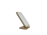 Wooden desk mirror side profile with tilted frame and flat base.