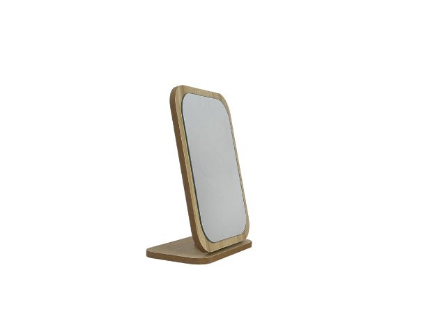Wooden desk mirror with tall frame, tilted glass, and square base.