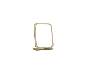 Wooden desk mirror with rounded frame and flat stand, clear reflective glass.