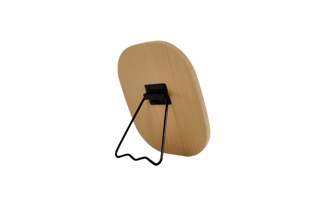 Handheld wooden mirror with stand, rounded back view