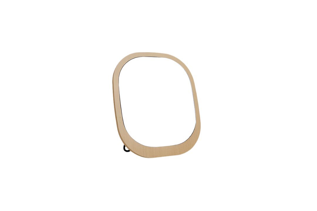 Handheld wooden mirror with rounded frame, front view