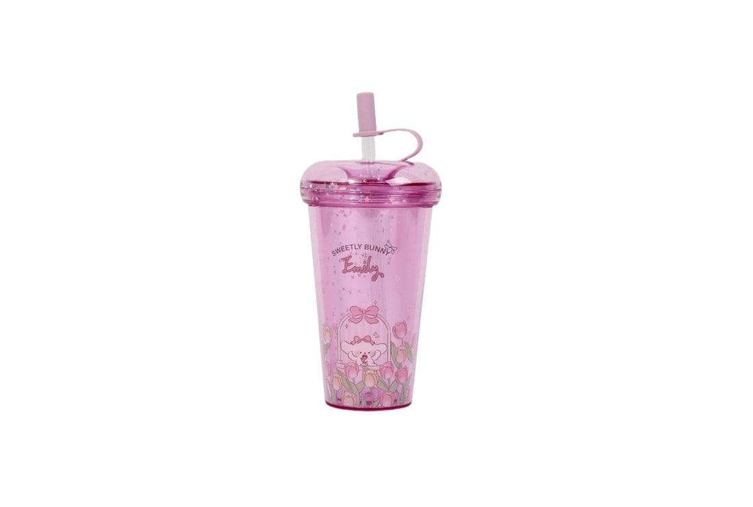 Emily double-layer plastic cup in pink, with straw lid and fruit print.