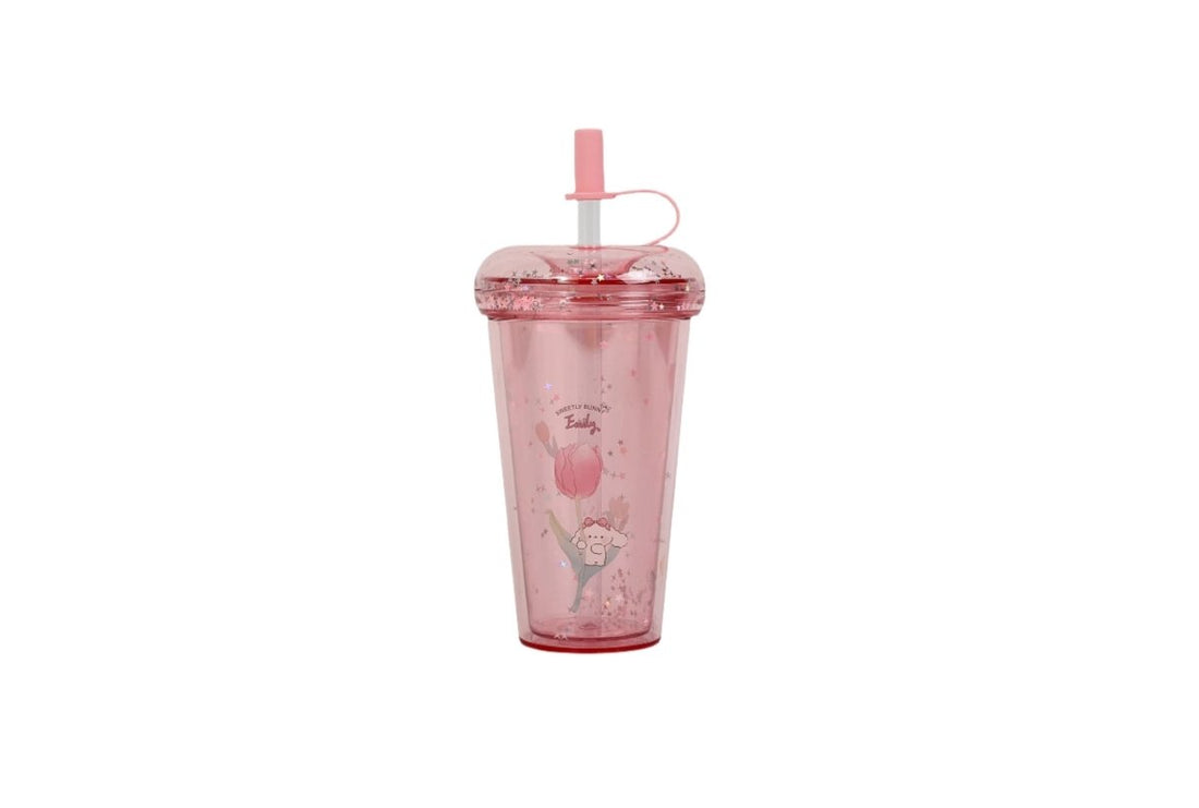 Emily double-layer plastic cup in light pink, straw lid, printed motifs on front.