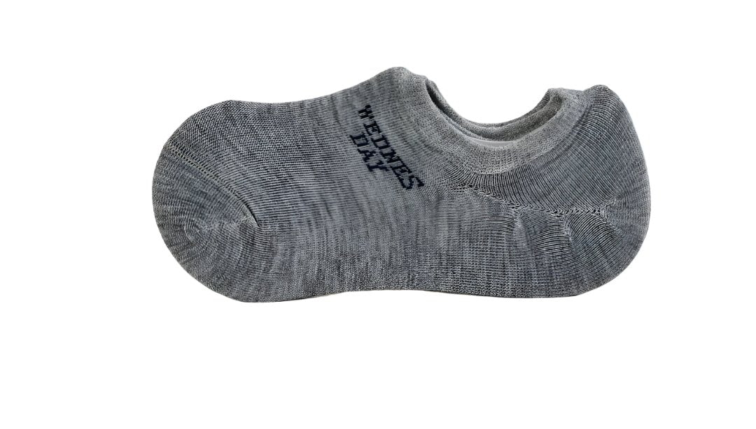 Heather gray men’s ankle sock with embroidered side text