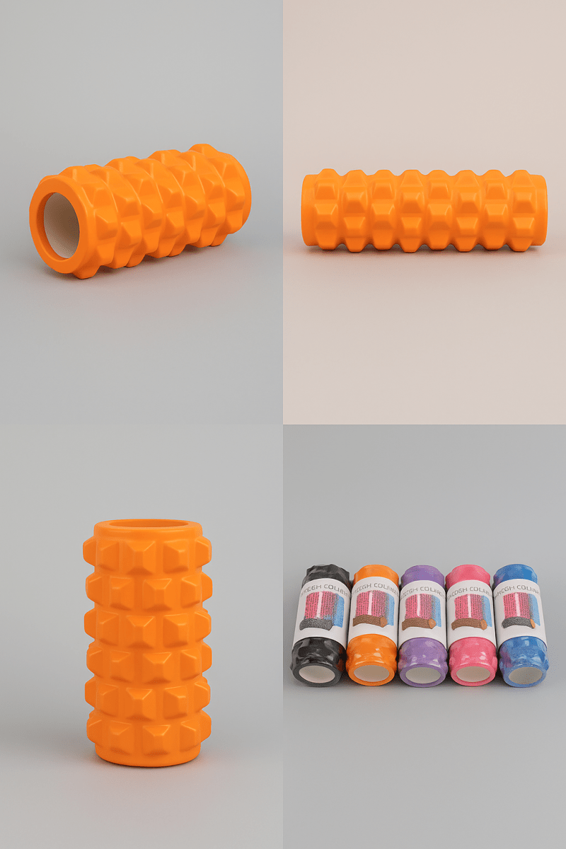Orange EVA yoga foam roller with hollow end and raised geometric nubs, cylindrical