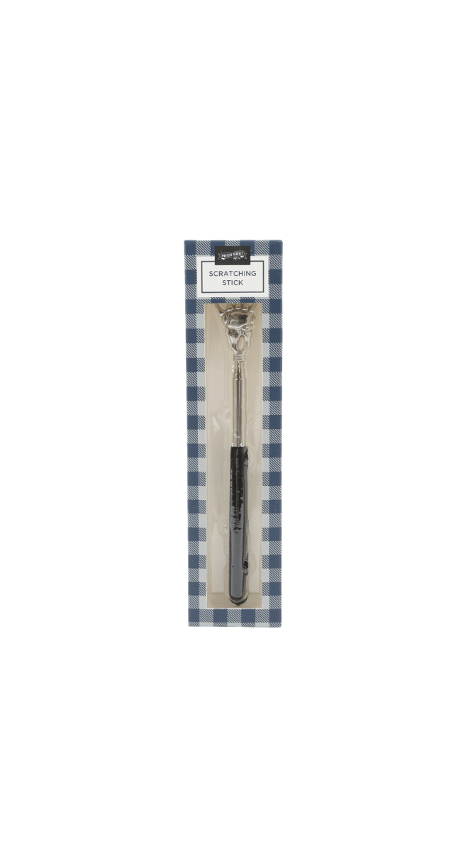 Extendable back scratcher in package, silver claw head with black grip