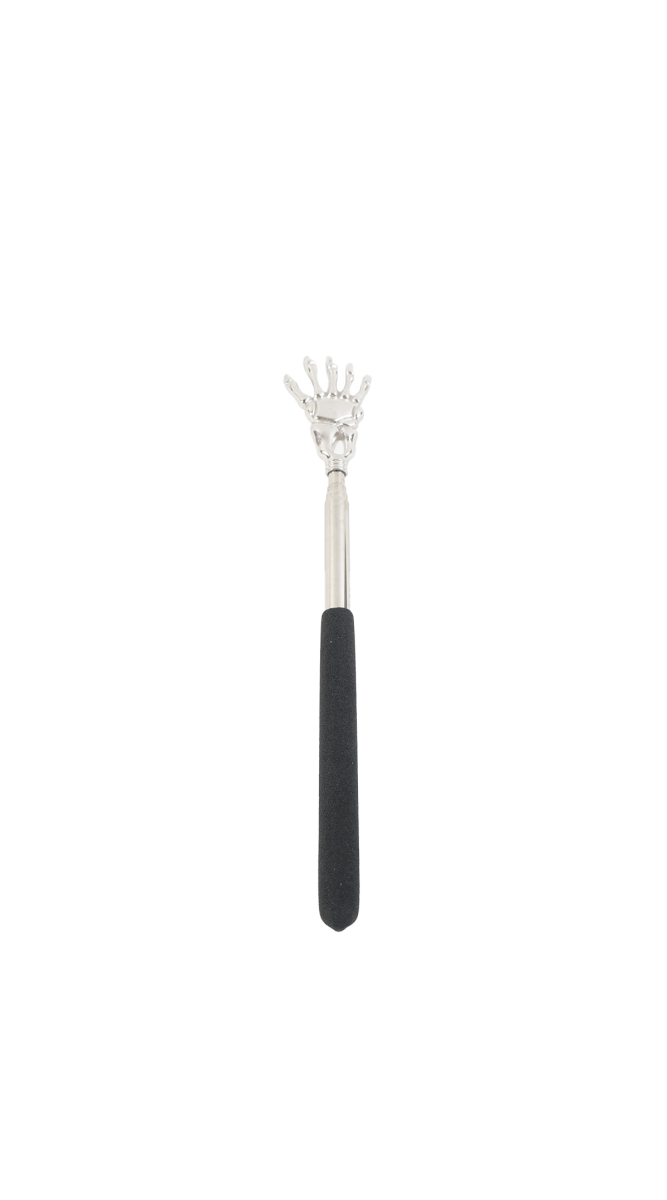 Extendable back scratcher with black handle and silver claw head
