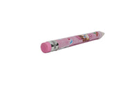 Extra-long cartoon pencil, pink body with cartoon characters, sharpened graphite tip