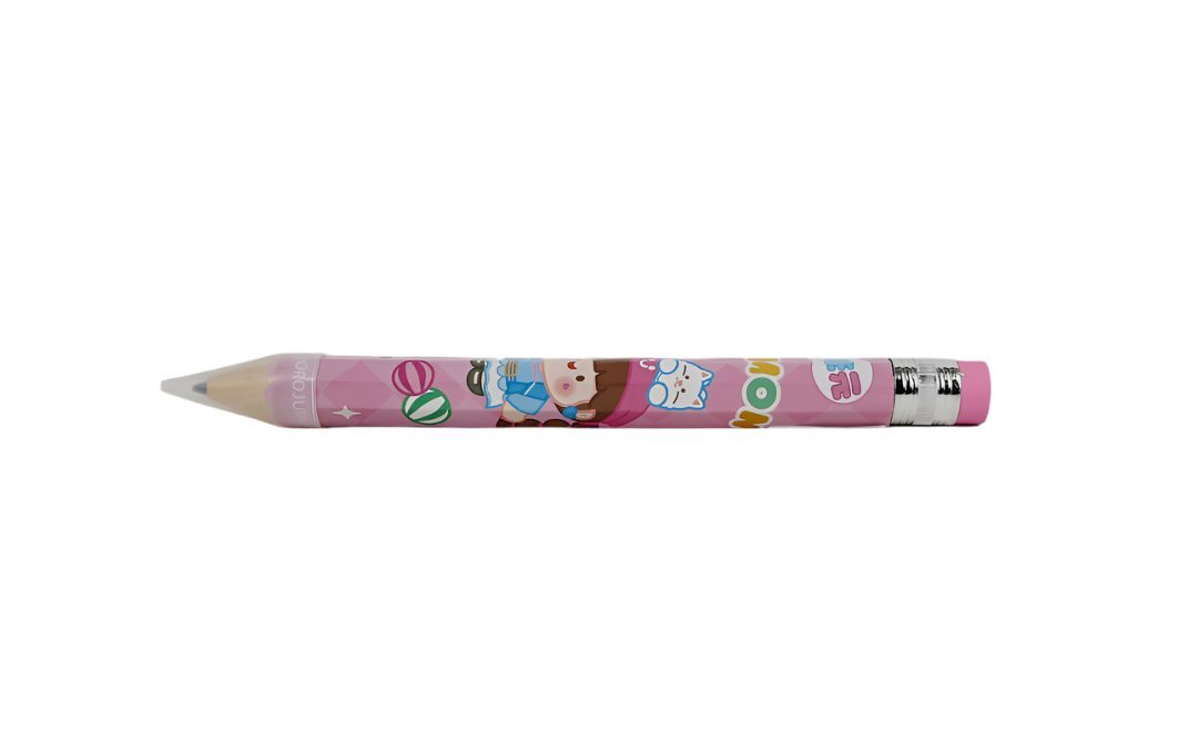 Extra-long cartoon pencil, pink body with colorful icons, sharpened graphite tip