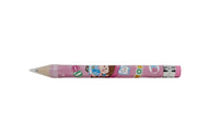 Extra-long cartoon pencil, pink body with colorful icons, sharpened graphite tip