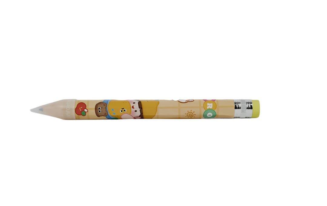 Extra-long cartoon pencil, beige body with character stickers, sharpened graphite tip