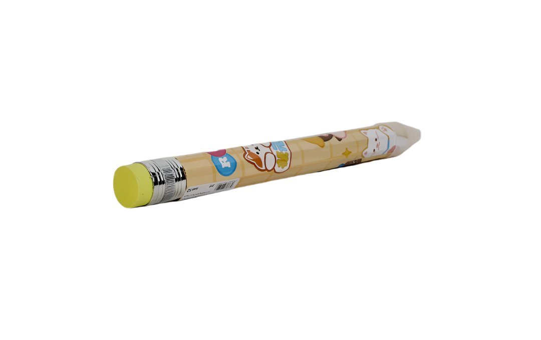 Extra-long cartoon pencil, light tan body with cartoon faces, sharpened tip
