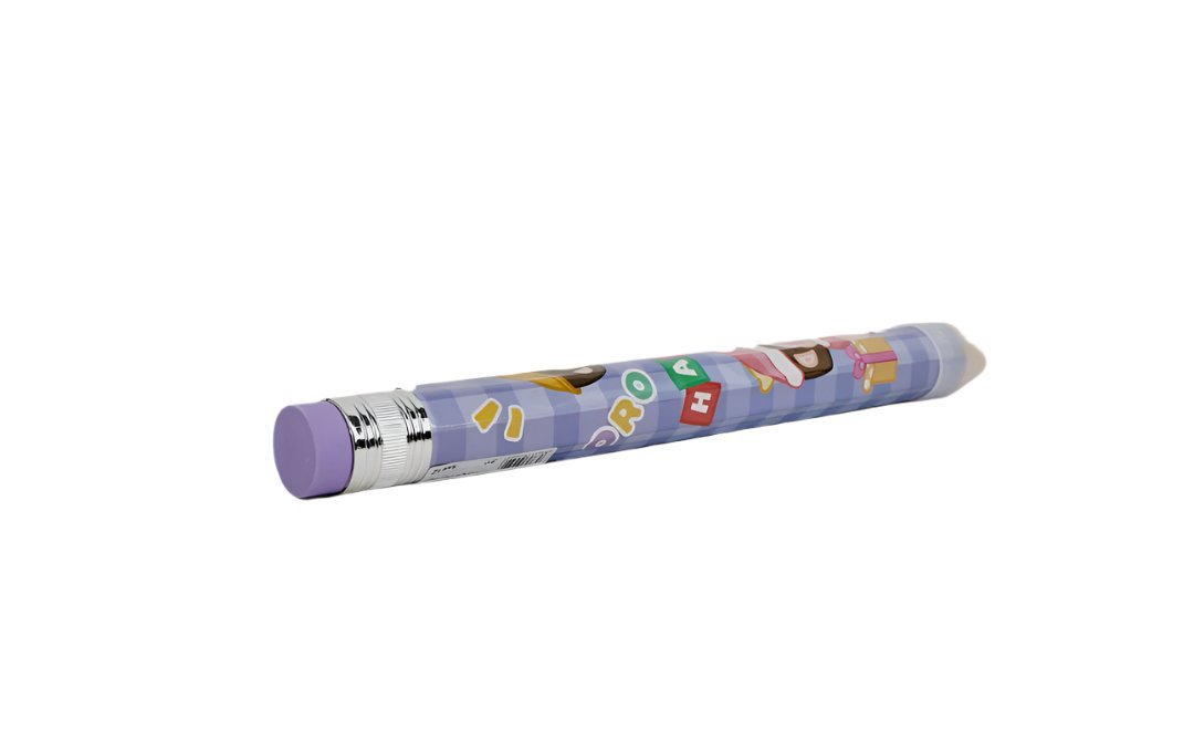 Extra-long cartoon pencil, light blue body with cartoon prints, sharpened graphite tip