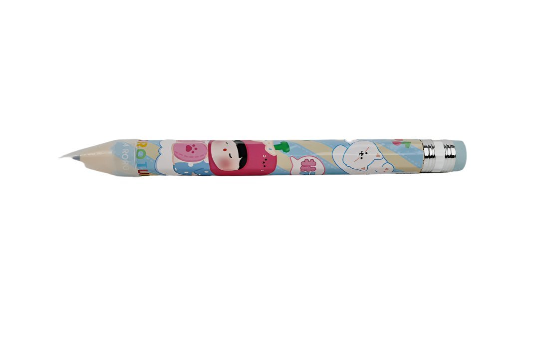 Cartoon patterned extra-long pencil with pastel character print and metal tip