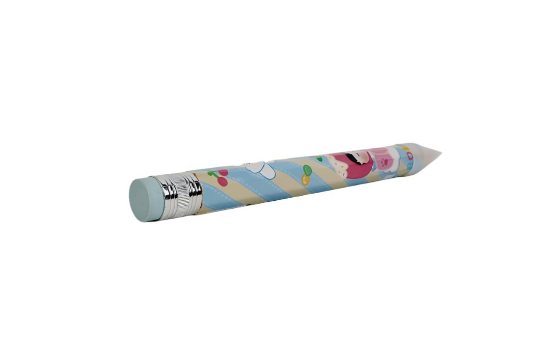 Extra-long cartoon pencil, light blue body with cartoon character prints, sharpened tip