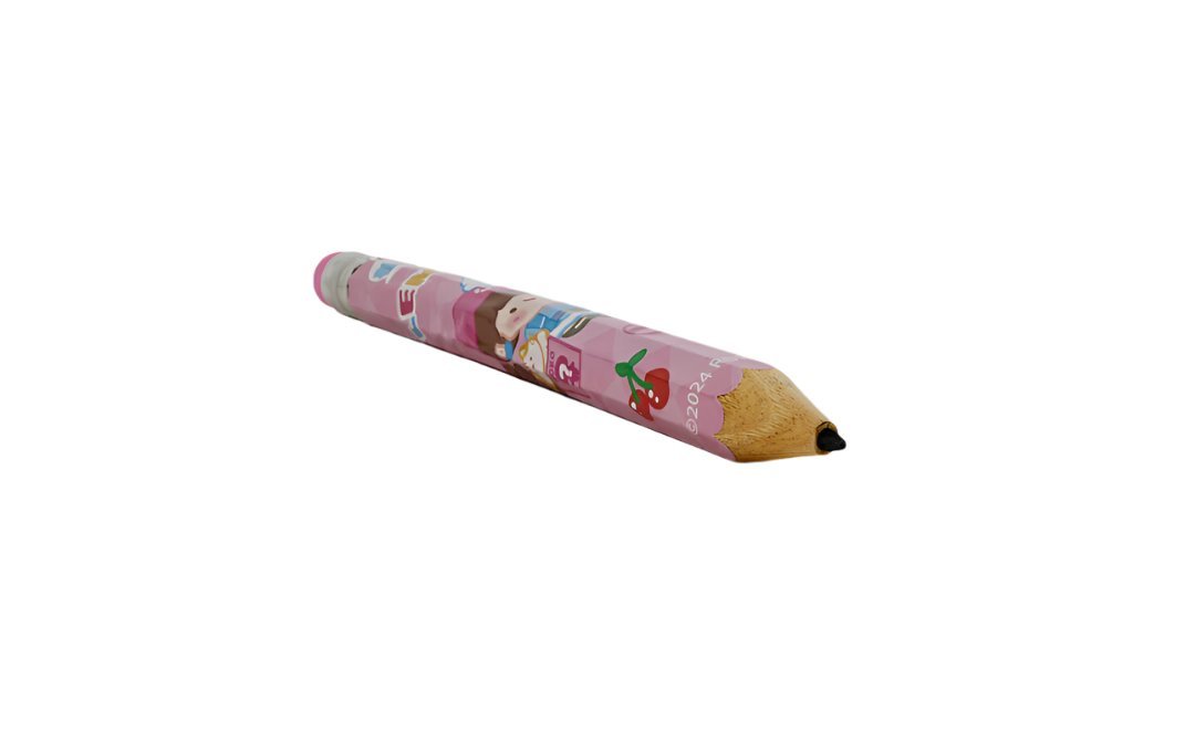 Extra-long cartoon pencil, purple-pink body with cartoon characters, sharpened tip