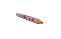 Extra-long cartoon pencil, purple-pink body with cartoon characters, sharpened tip