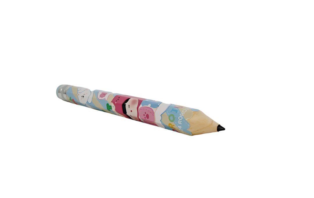 Extra-long cartoon pencil, pastel blue body with character faces, sharpened graphite tip