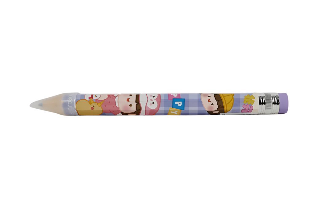 Extra-long cartoon pencil, light blue body with cartoon animal prints, sharpened tip