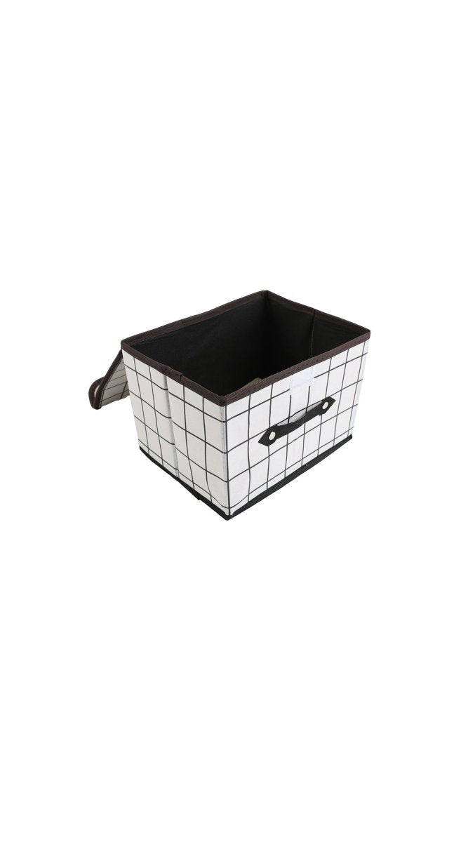 Fabric storage box with grid pattern, open top and stitched side handles