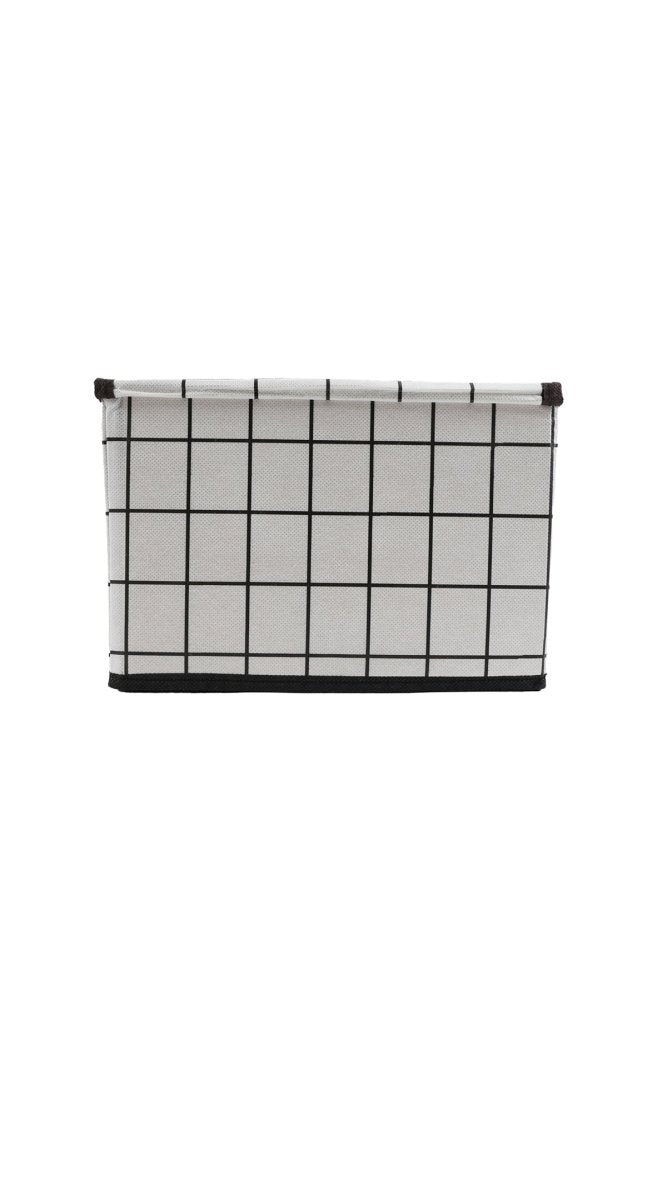 Fabric storage box with grid pattern and dark trim, closed top with grommets