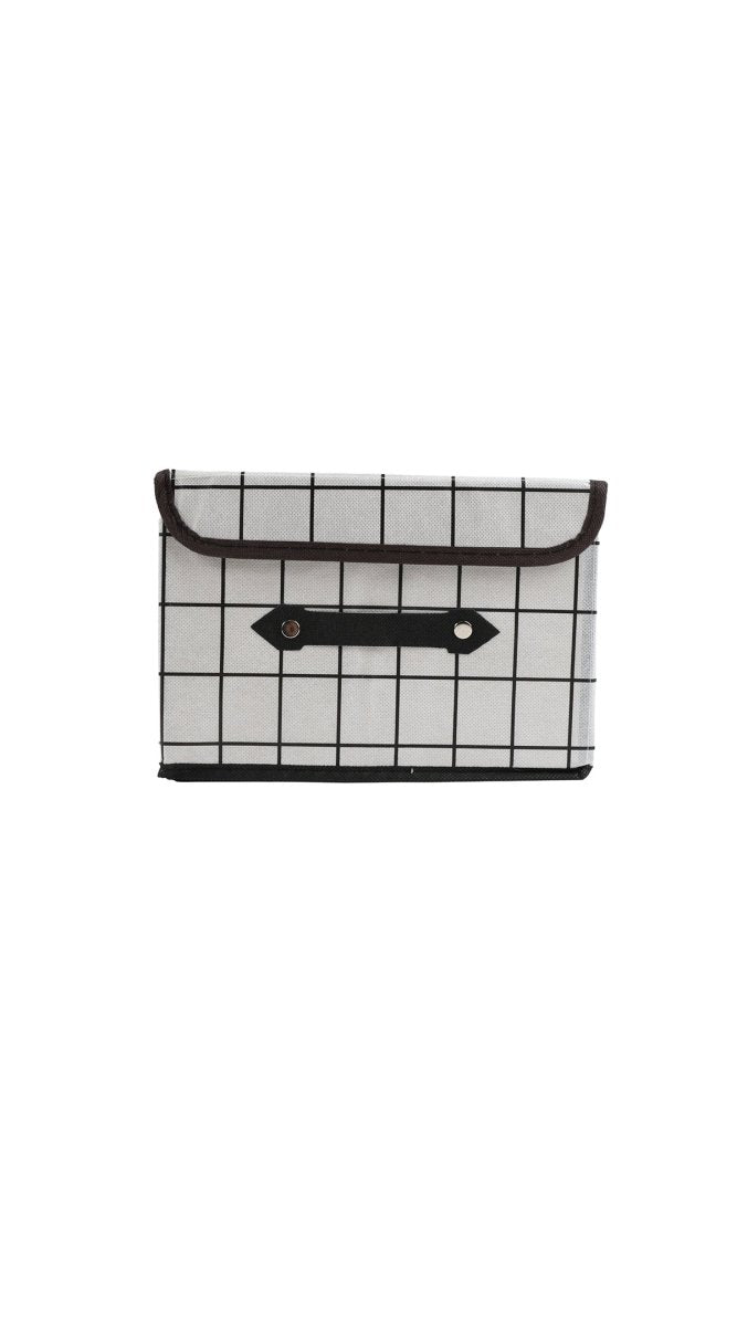 Fabric storage box with grid pattern front panel and hinged fold-down front flap