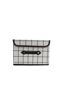 Fabric storage box with grid pattern front panel and hinged fold-down front flap