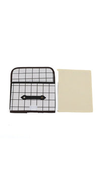 Fabric storage box with grid pattern and front pocket, includes matching fabric panel